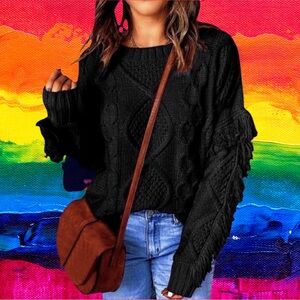 🆕Time and Tru Women’s plus-size Black Fringed Chunky Knit Crewneck Sweater❤️3X